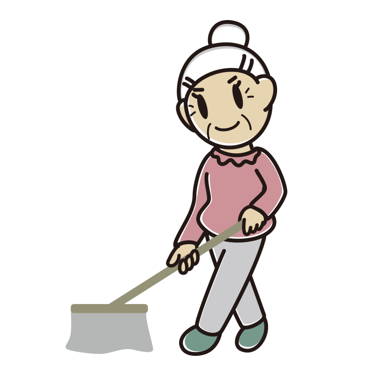 モップがけするおばあさんのイラスト【色あり、背景なし】透過PNG