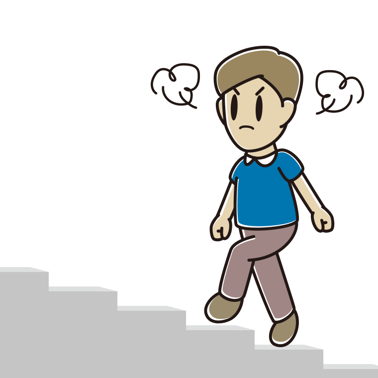 怒りながら階段を上る男性のイラスト【色あり、背景なし】透過PNG