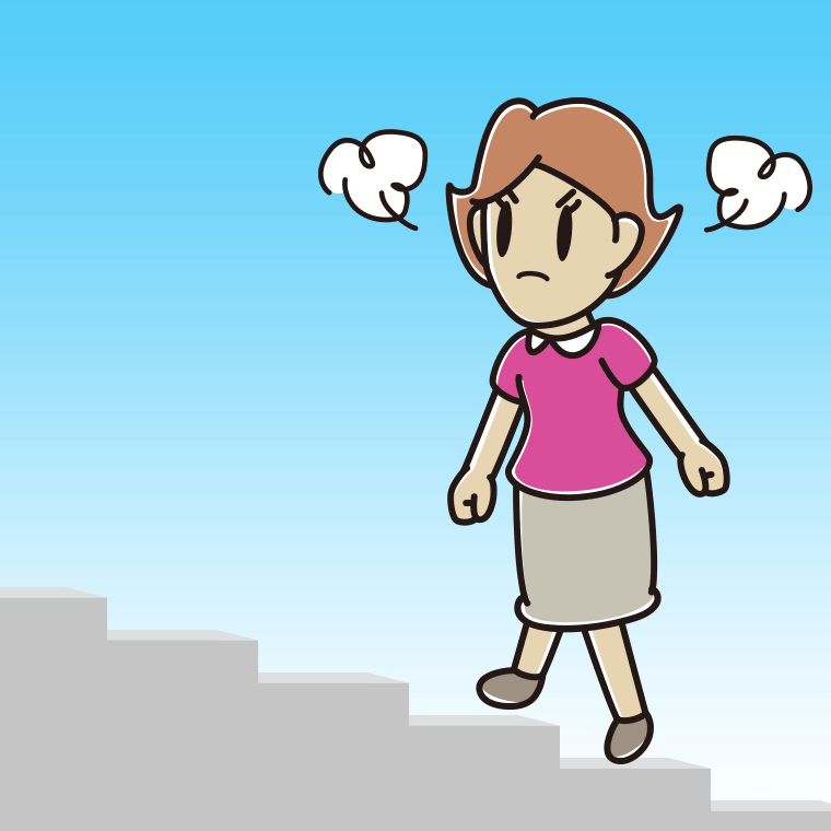 怒りながら階段を上る女性のイラスト【色、背景あり】PNG