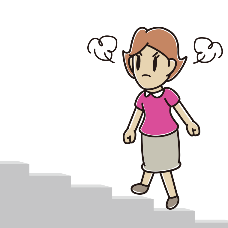 怒りながら階段を上る女性のイラスト【色あり、背景なし】透過PNG