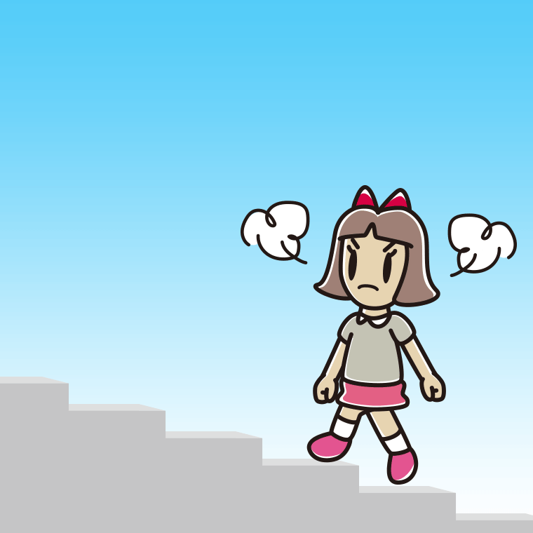 怒りながら階段を上る小学生女子のイラスト【色、背景あり】PNG