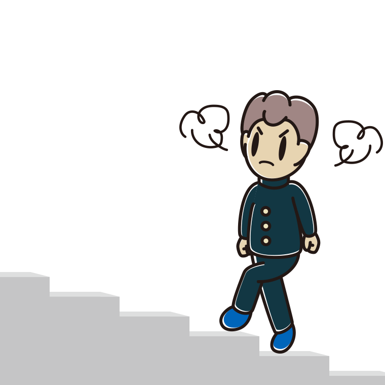怒りながら階段を上る男子中学生のイラスト【色あり、背景なし】透過PNG
