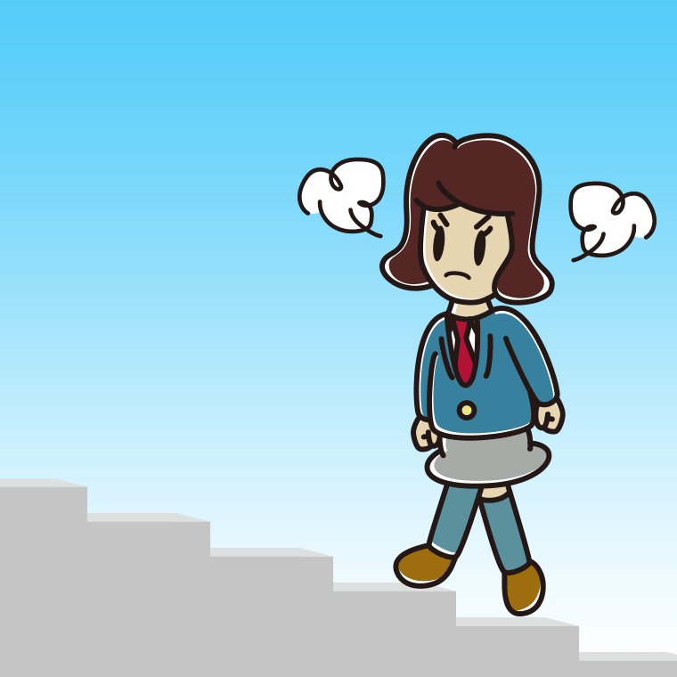 怒りながら階段を上る女子高校生のイラスト【色、背景あり】PNG