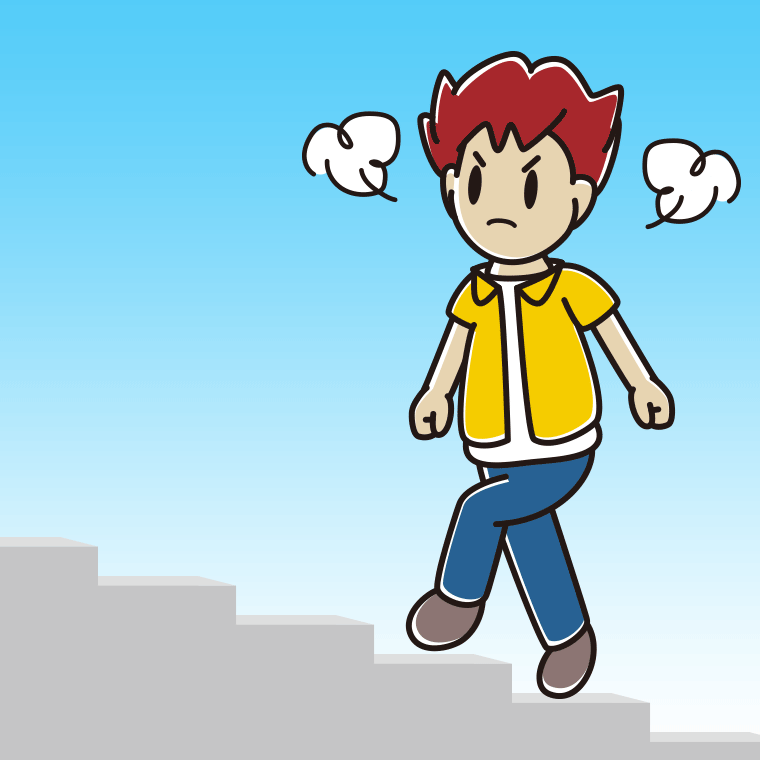 怒りながら階段を上る男子大学生のイラスト【色、背景あり】PNG