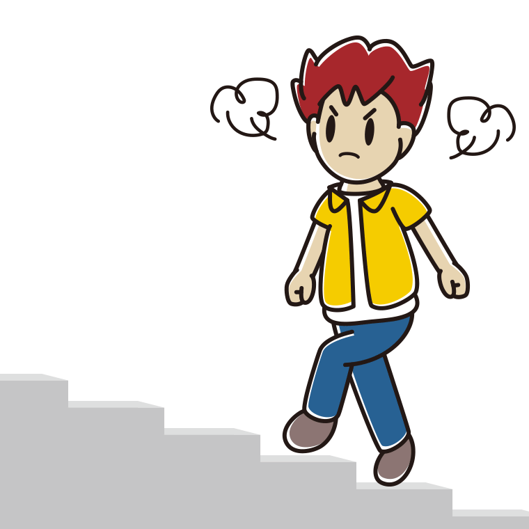 怒りながら階段を上る男子大学生のイラスト【色あり、背景なし】透過PNG