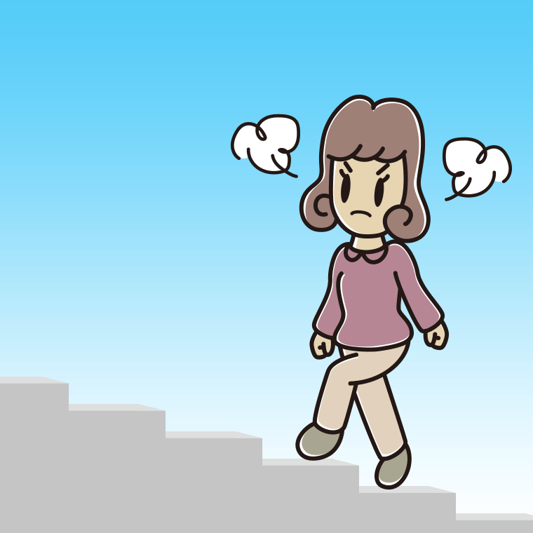 怒りながら階段を上る女子大学生のイラスト【色、背景あり】PNG