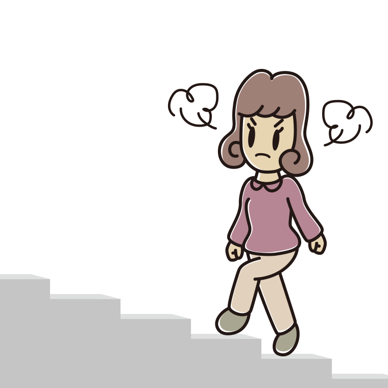 怒りながら階段を上る女子大学生のイラスト【色あり、背景なし】透過PNG