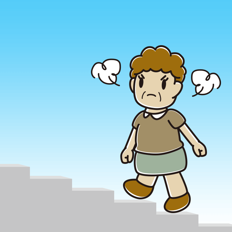怒りながら階段を上るおばさんのイラスト【色、背景あり】PNG
