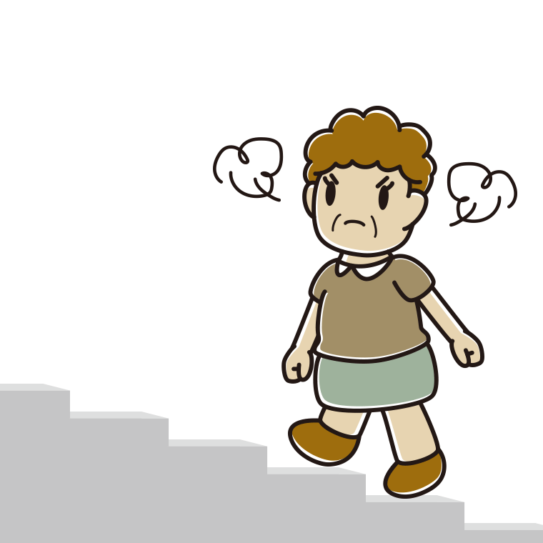 怒りながら階段を上るおばさんのイラスト【色あり、背景なし】透過PNG