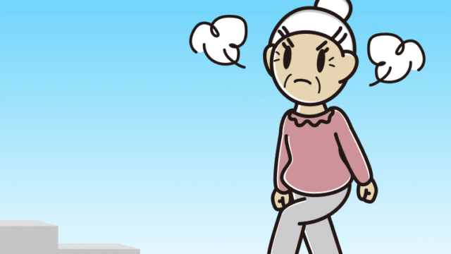 怒りながら階段を上るおばあさんのイラスト【色、背景あり】PNG
