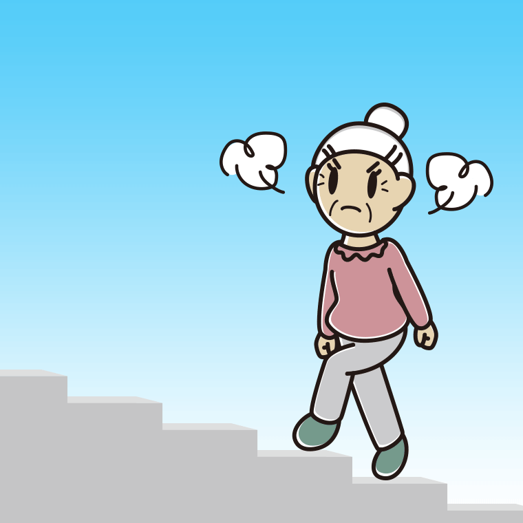 怒りながら階段を上るおばあさんのイラスト【色、背景あり】PNG