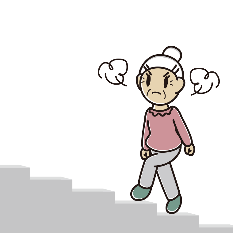 怒りながら階段を上るおばあさんのイラスト【色あり、背景なし】透過PNG