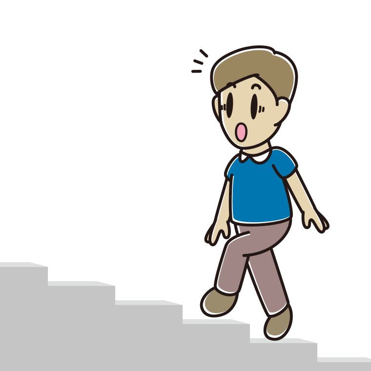 階段を上って驚く男性のイラスト【色あり、背景なし】透過PNG