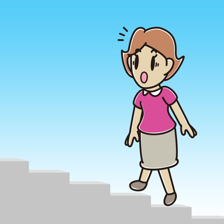 階段を上って驚く女性のイラスト【色、背景あり】PNG