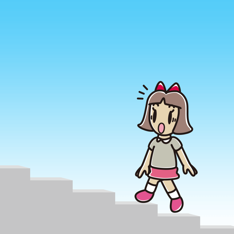 階段を上って驚く小学生女子のイラスト【色、背景あり】PNG