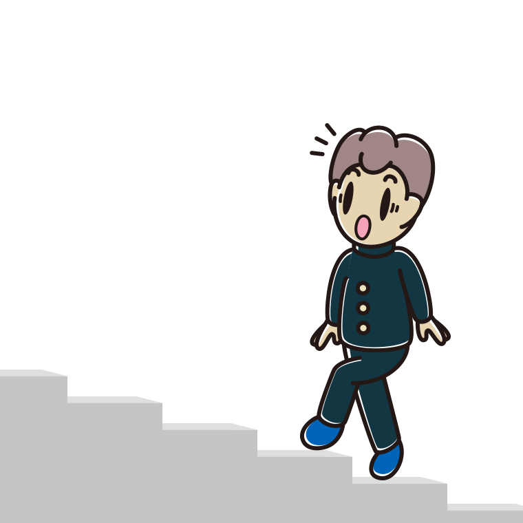 階段を上って驚く男子中学生のイラスト【色あり、背景なし】透過PNG