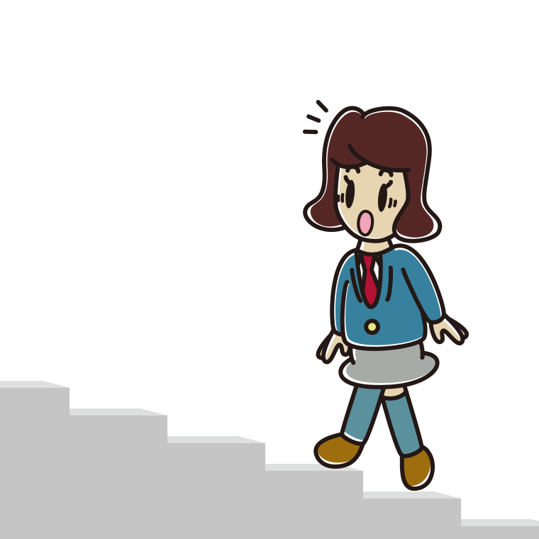 階段を上って驚く女子高校生のイラスト【色あり、背景なし】透過PNG