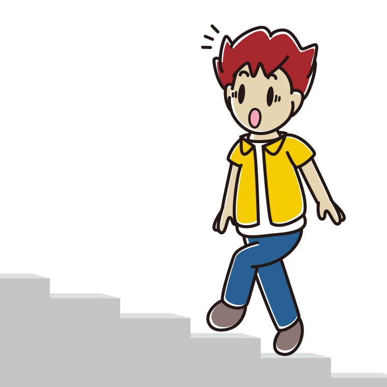 階段を上って驚く男子大学生のイラスト【色あり、背景なし】透過PNG