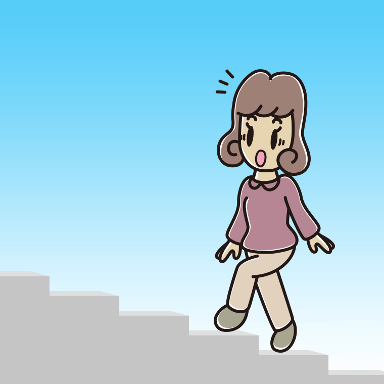 階段を上って驚く女子大学生のイラスト【色、背景あり】PNG