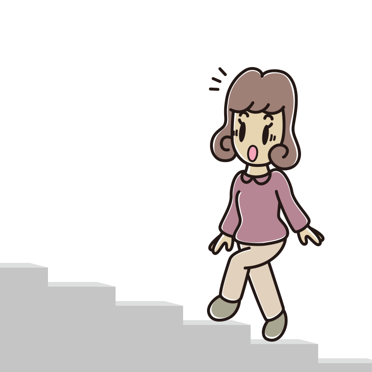 階段を上って驚く女子大学生のイラスト【色あり、背景なし】透過PNG