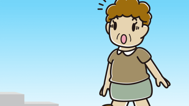 階段を上って驚くおばさんのイラスト【色、背景あり】PNG