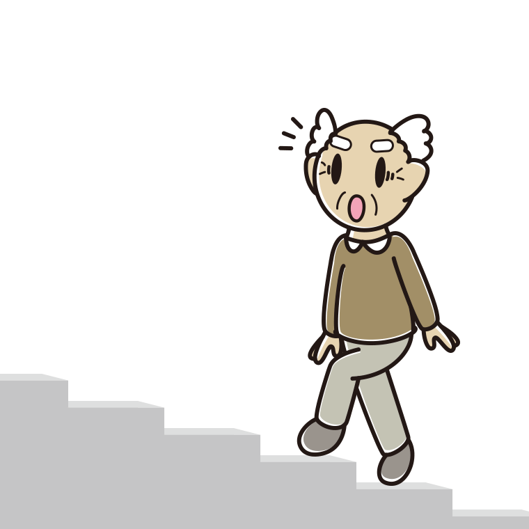 階段を上って驚くおじいさんのイラスト【色あり、背景なし】透過PNG