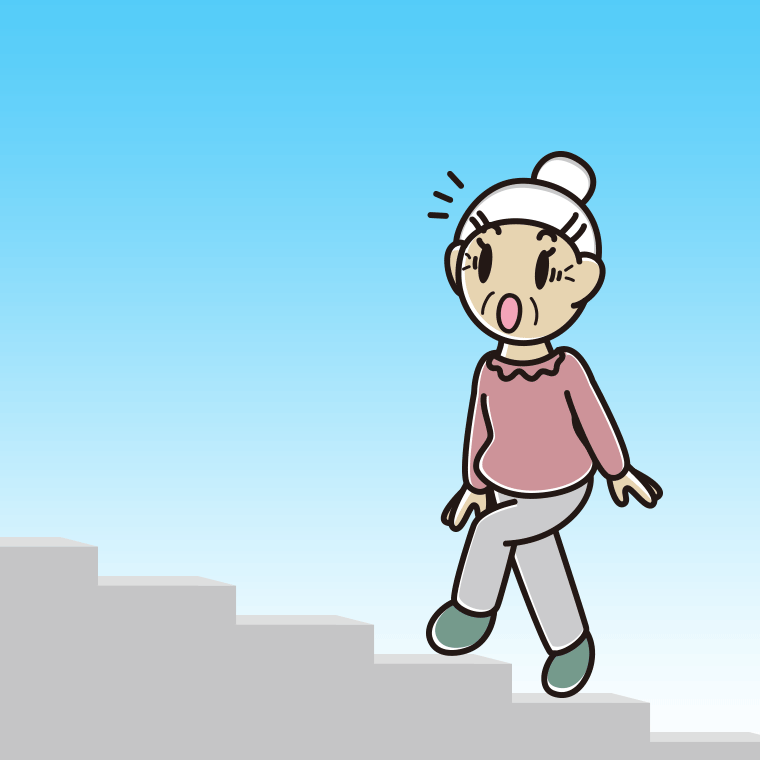 階段を上って驚くおばあさんのイラスト【色、背景あり】PNG