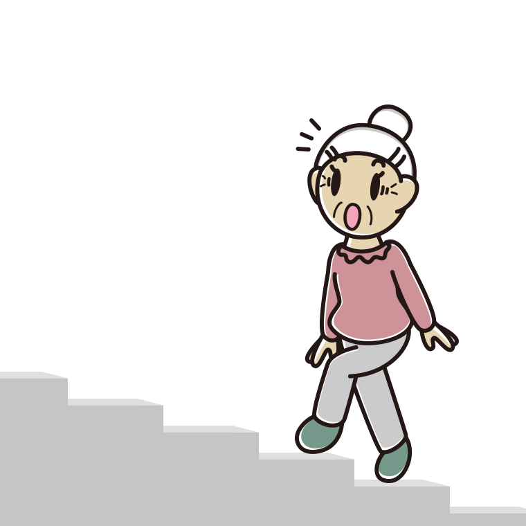 階段を上って驚くおばあさんのイラスト【色あり、背景なし】透過PNG