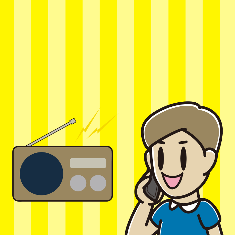 ラジオを聴きながらスマホで電話する男性のイラスト【色、背景あり】PNG