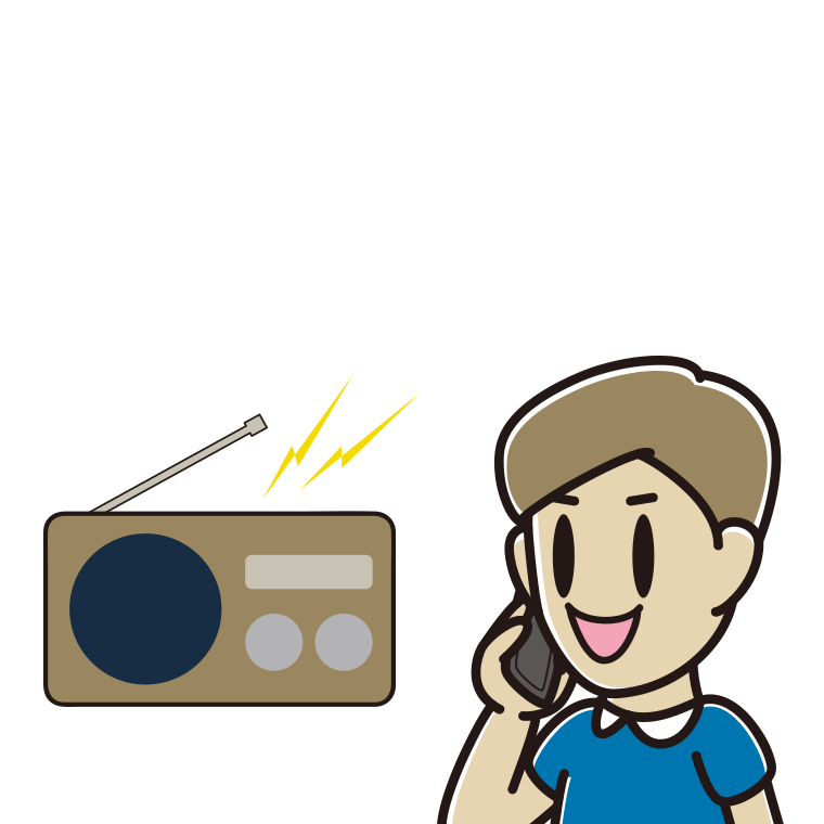 ラジオを聴きながらスマホで電話する男性のイラスト【色あり、背景なし】透過PNG