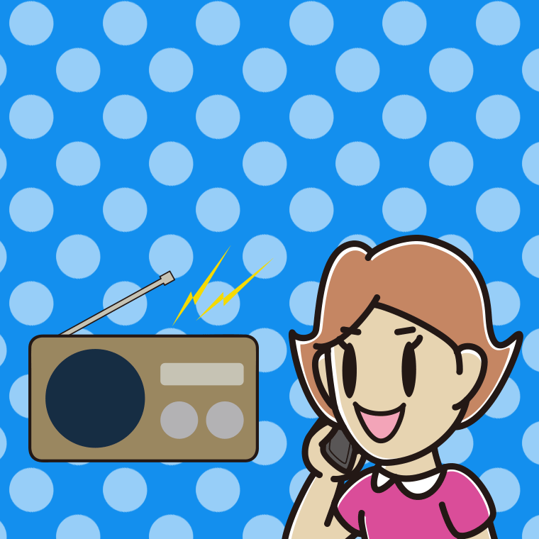ラジオを聴きながらスマホで電話する女性のイラスト【色、背景あり】PNG