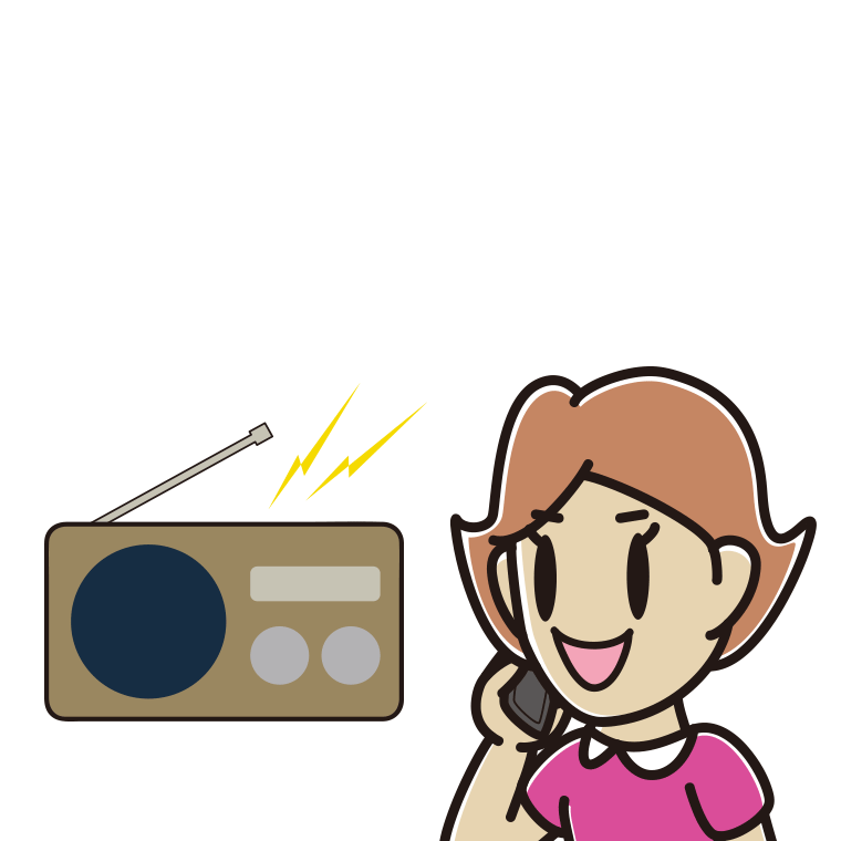 ラジオを聴きながらスマホで電話する女性のイラスト【色あり、背景なし】透過PNG