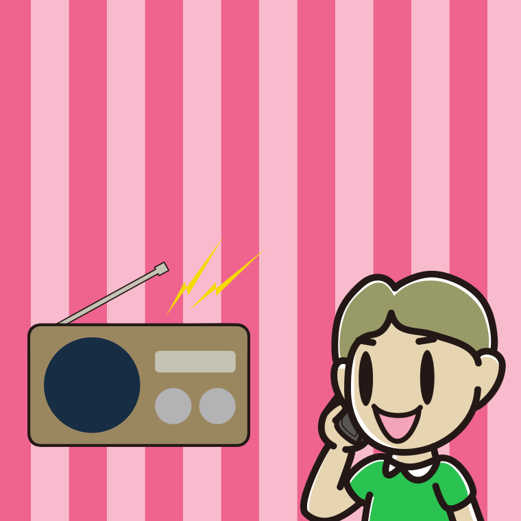 ラジオを聴きながらスマホで電話する小学生男子のイラスト【色、背景あり】PNG