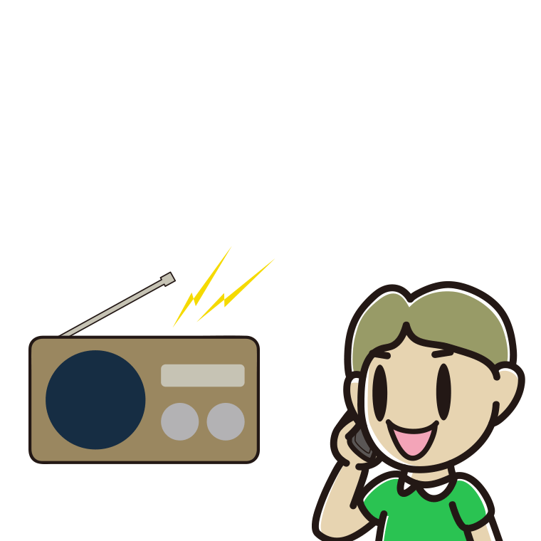 ラジオを聴きながらスマホで電話する小学生男子のイラスト【色あり、背景なし】透過PNG