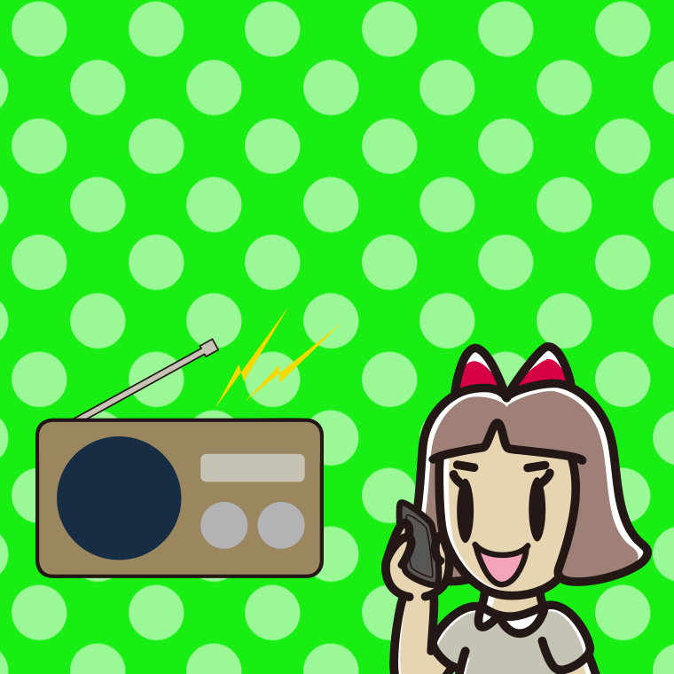 ラジオを聴きながらスマホで電話する小学生女子のイラスト【色、背景あり】PNG