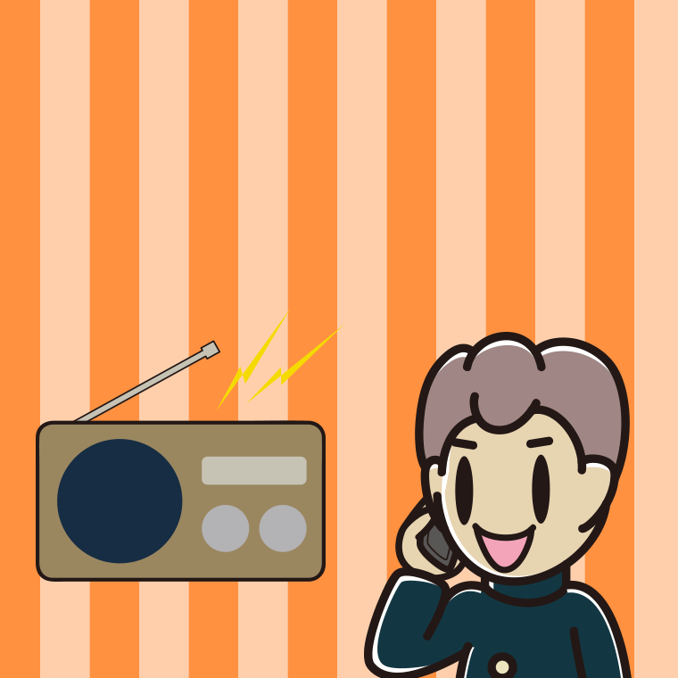 ラジオを聴きながらスマホで電話する男子中学生のイラスト【色、背景あり】PNG