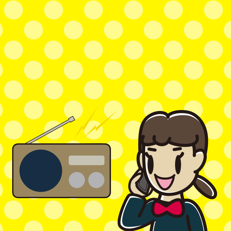 ラジオを聴きながらスマホで電話する女子中学生のイラスト【色、背景あり】PNG