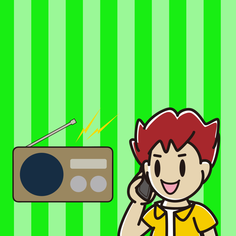 ラジオを聴きながらスマホで電話する男子大学生のイラスト【色、背景あり】PNG