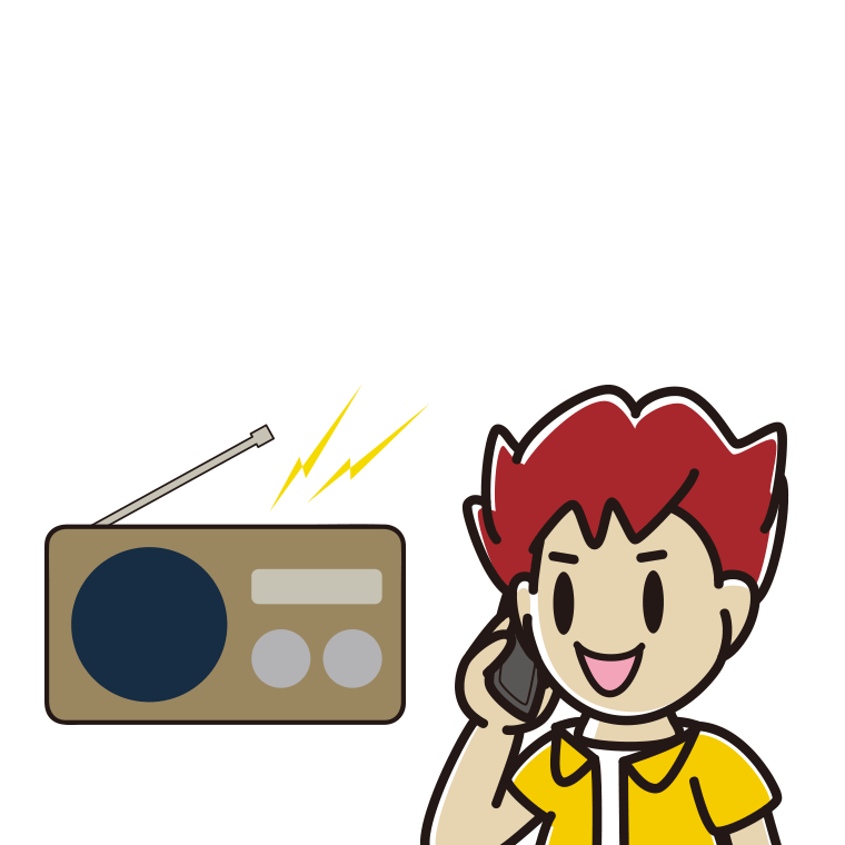 ラジオを聴きながらスマホで電話する男子大学生のイラスト【色あり、背景なし】透過PNG