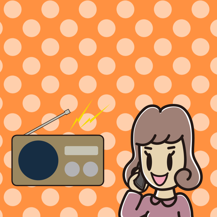 ラジオを聴きながらスマホで電話する女子大学生のイラスト【色、背景あり】PNG