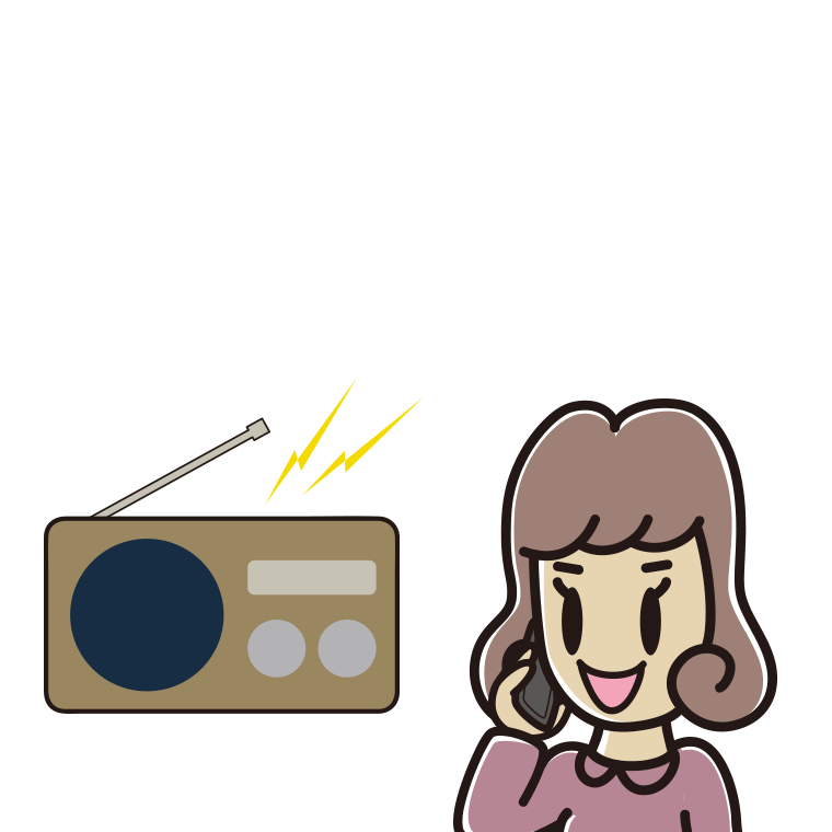 ラジオを聴きながらスマホで電話する女子大学生のイラスト【色あり、背景なし】透過PNG