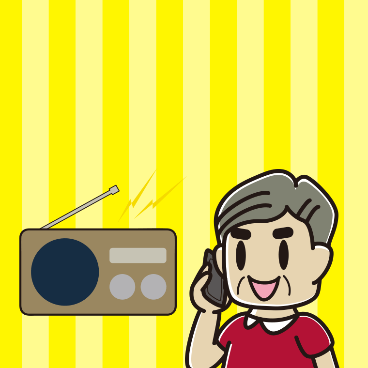 ラジオを聴きながらスマホで電話するおじさんのイラスト【色、背景あり】PNG
