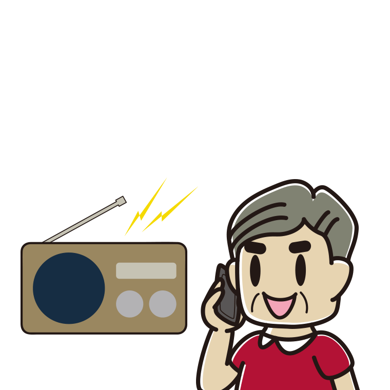 ラジオを聴きながらスマホで電話するおじさんのイラスト【色あり、背景なし】透過PNG
