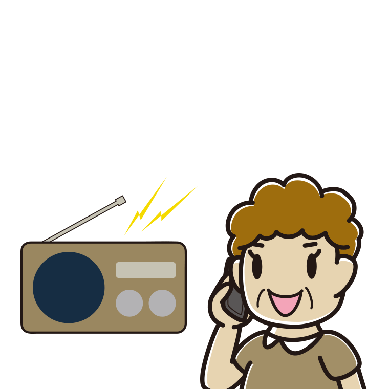ラジオを聴きながらスマホで電話するおばさんのイラスト【色あり、背景なし】透過PNG