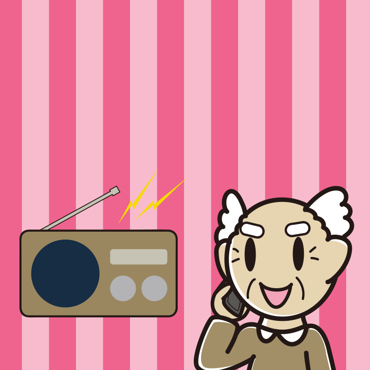 ラジオを聴きながらスマホで電話するおじいさんのイラスト【色、背景あり】PNG