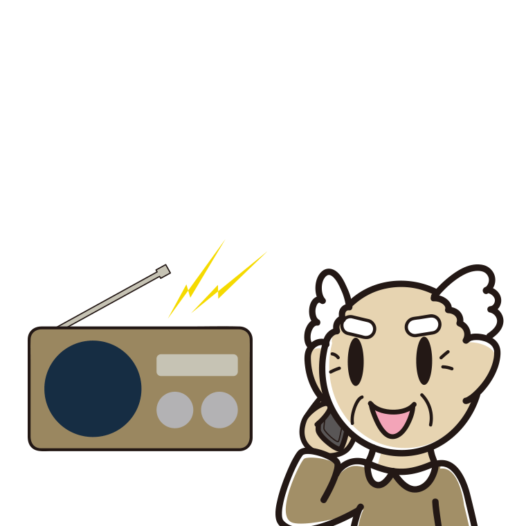 ラジオを聴きながらスマホで電話するおじいさんのイラスト【色あり、背景なし】透過PNG
