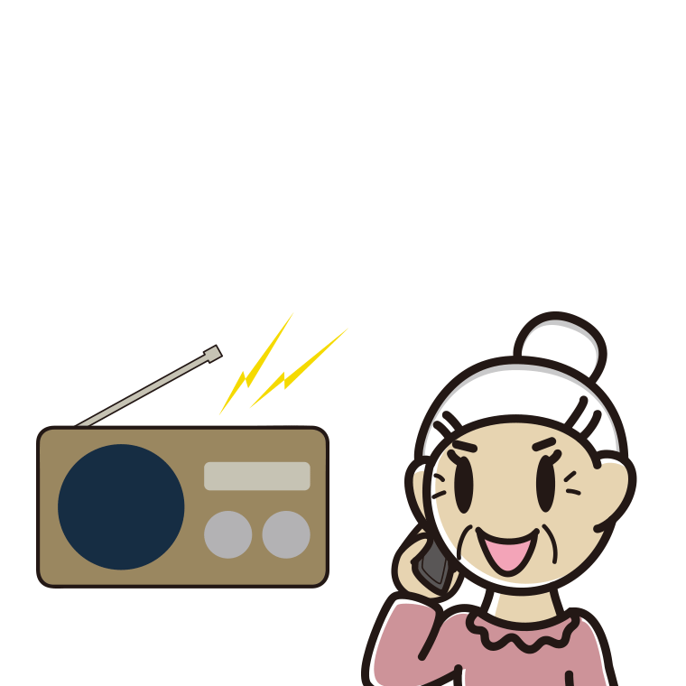 ラジオを聴きながらスマホで電話するおばあさんのイラスト【色あり、背景なし】透過PNG