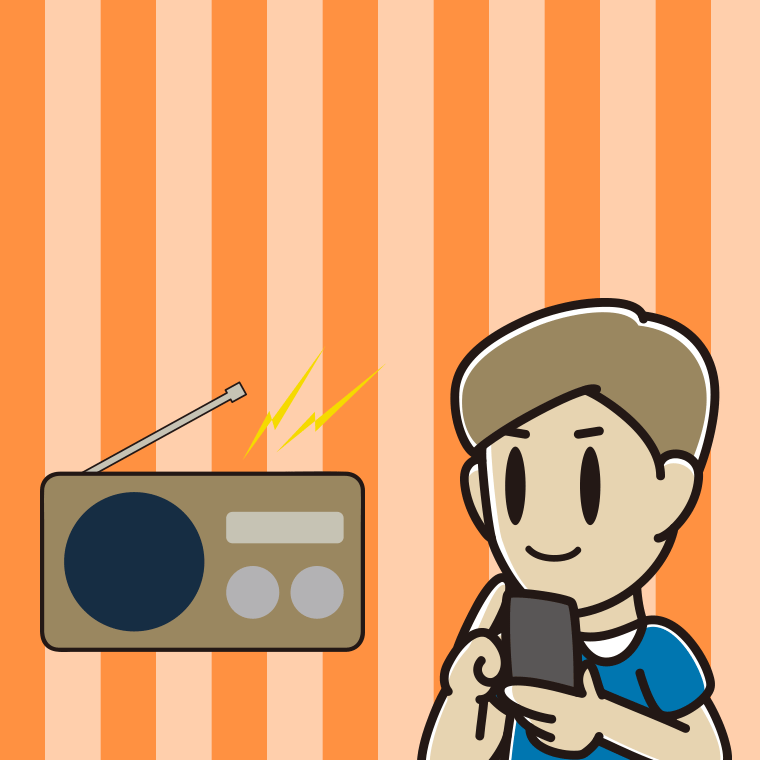 ラジオを聴きながらスマホを使う男性のイラスト【色、背景あり】PNG
