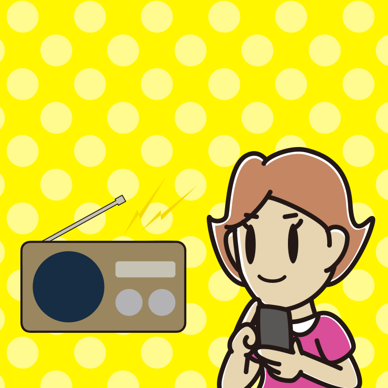 ラジオを聴きながらスマホを使う女性のイラスト【色、背景あり】PNG