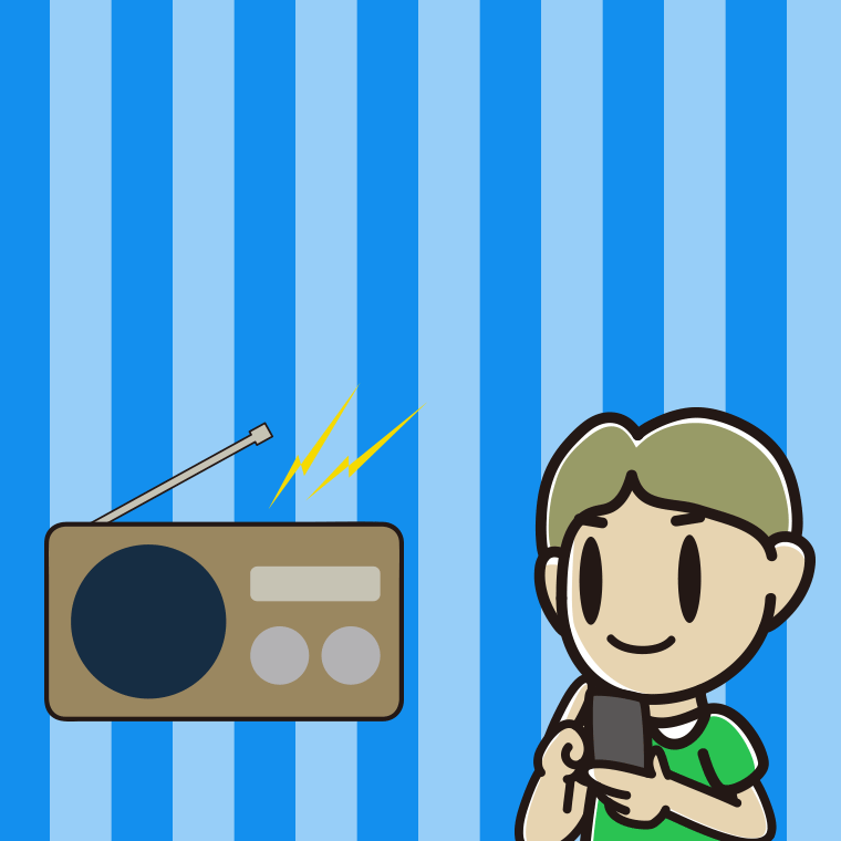 ラジオを聴きながらスマホを使う小学生男子のイラスト【色、背景あり】PNG